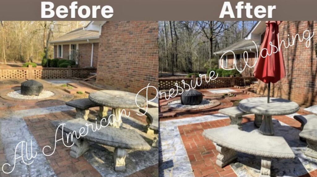 a before and after of a stone courtyard that was pressure washed