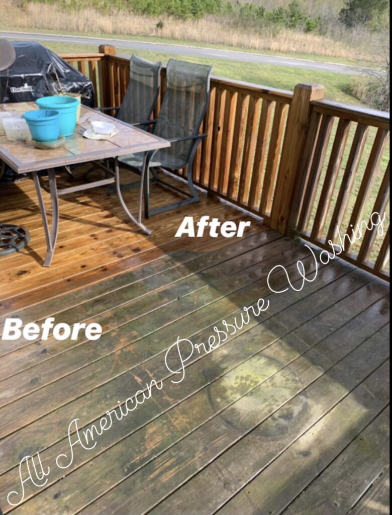 A wooden deck, half of which has been pressure washed and half hasn't (yet). The results are night and day.